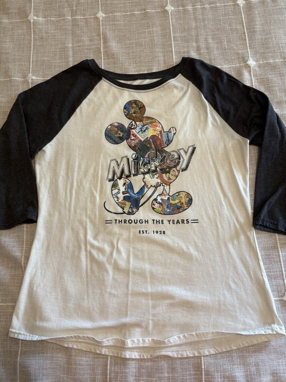 Disney Parks Mickey Through the Years Est. 1928 Raglan Tee L White/Gray